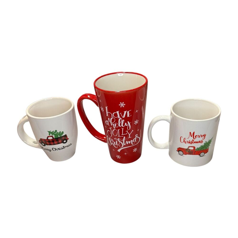 Set of 3 Holiday Coffee Mugs Merry Christmas & Holly Jolly Christmas Red Truck